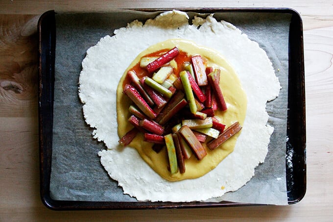 Frangipane topped with sugared rhubarb.