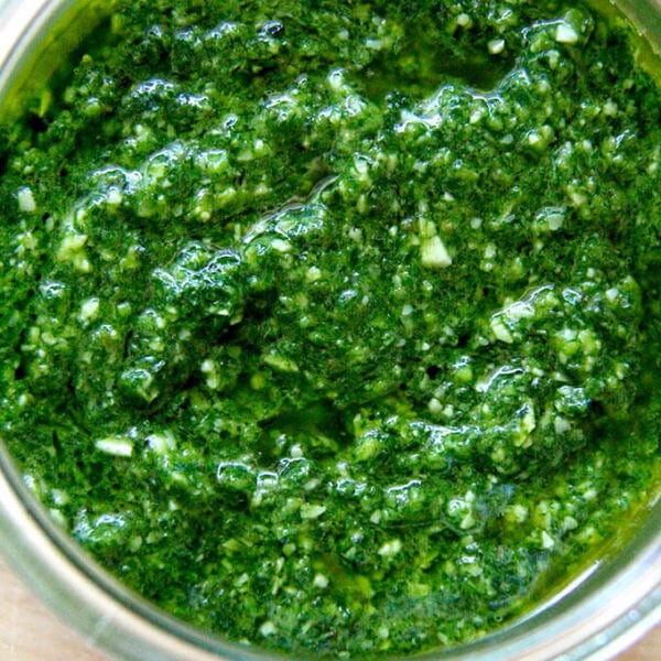 A jar of basil pesto.