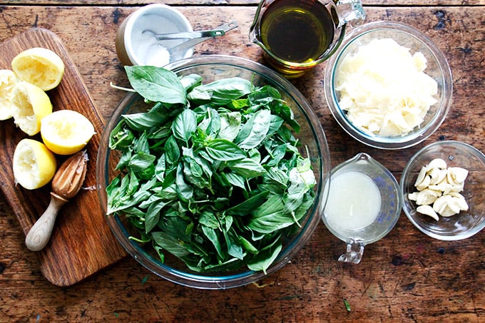 A table with pesto ingredients: basil, lemon, salt, olive oil, parmesam, garlic.