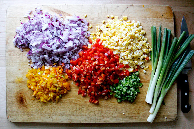 A board of chopped vegetables for Texas caviar.
