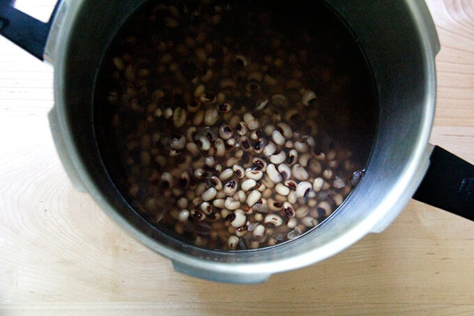 Cooked black eyed peas in stovetop pressure cooker.