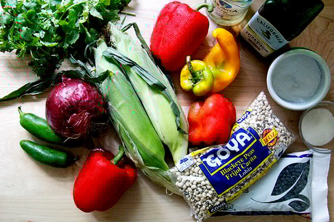 Ingredients for Texas caviar on the counter.