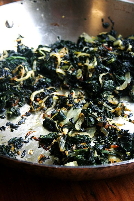 Slow-cooked kale with onions.