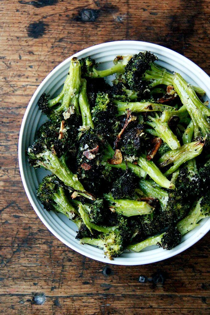 A bowl of Ina Garten's roasted broccoli with garlic and lemon.