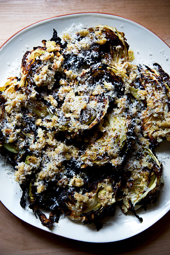 Roasted cabbage with walnuts and parmesan.