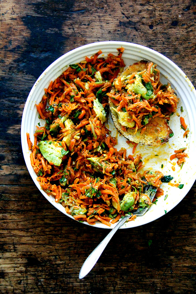 Moroccan carrot salad with harissa and avocado.