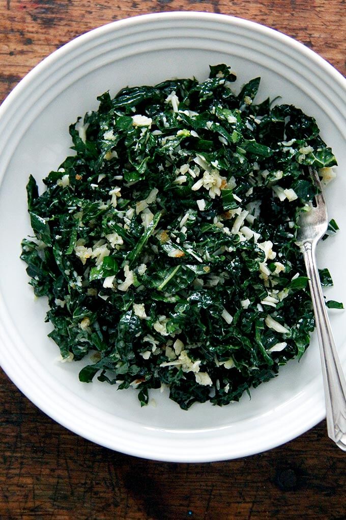 A bowl of my favorite kale salad with parmesan and bread crumbs.