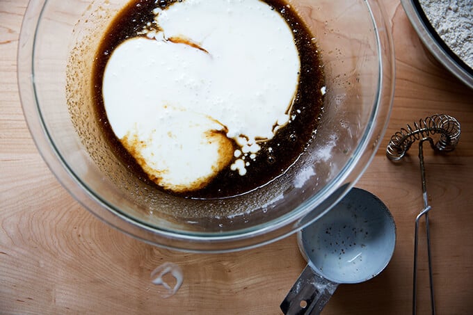 Adding buttermilk to batter.