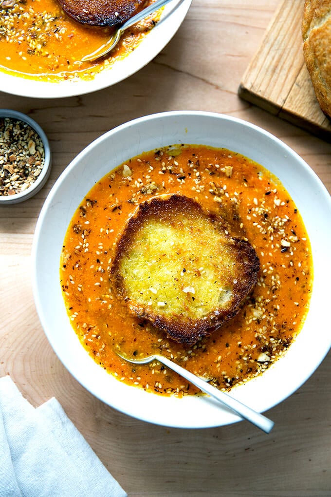 Saffron and Carrot Soup with Olive Oil Toasted Bread and Toasted Almond Dukkah —Yum.