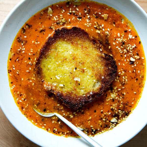 Saffron and Carrot Soup with Olive Oil Toasted Bread and Toasted Almond Dukkah —Yum.