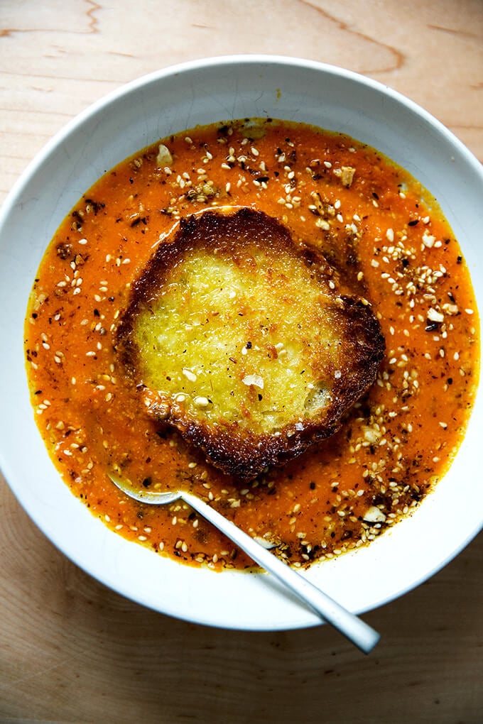Saffron and Carrot Soup with Olive Oil Toasted Bread and Toasted Almond Dukkah —Yum.