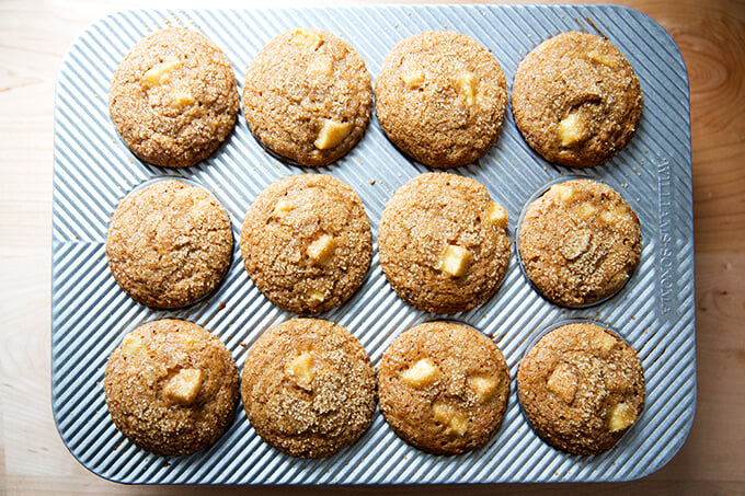 Apple orchard muffins with turbinado sugar crust.