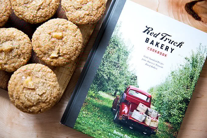 The Red Truck Bakery cookbook with apple orchard muffins with turbinado sugar crust.