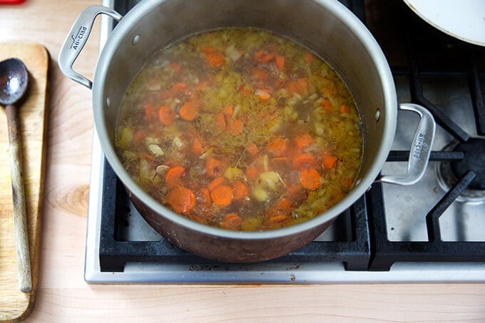 Carrots, water, saffron, onions, almonds simmering.