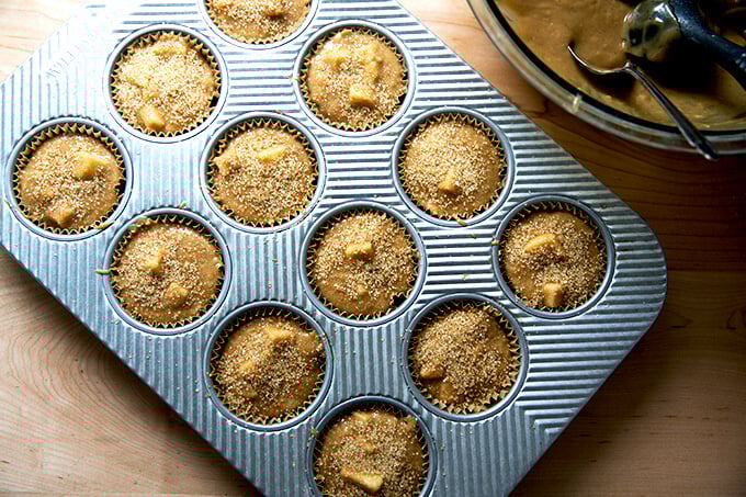 Sprinkled with turbinado sugar, the pan of muffins is ready to go in the oven.