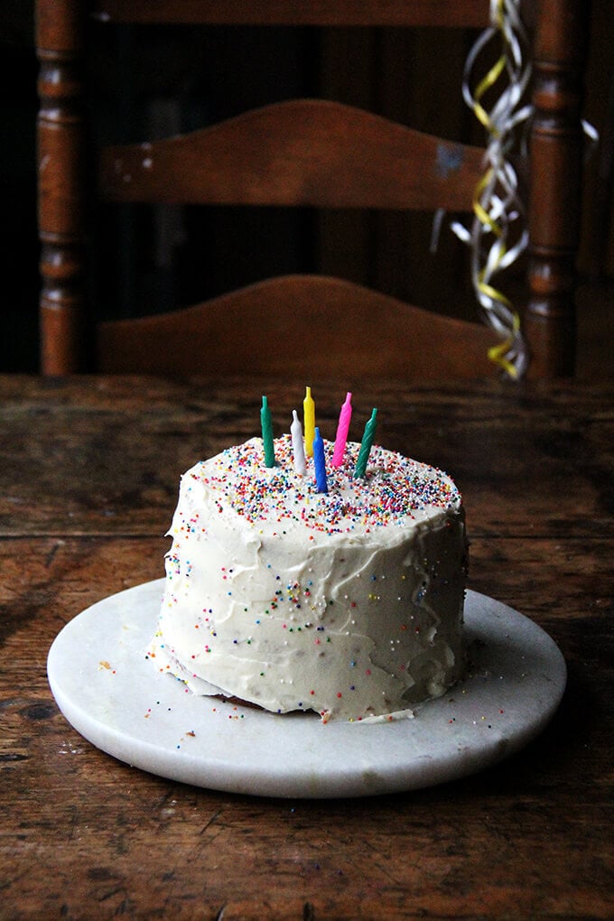 One-Bowl Buttermilk Birthday Cake on a cake plate.