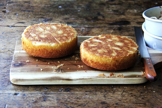 One-Bowl Buttermilk Birthday Cake on cutting board.