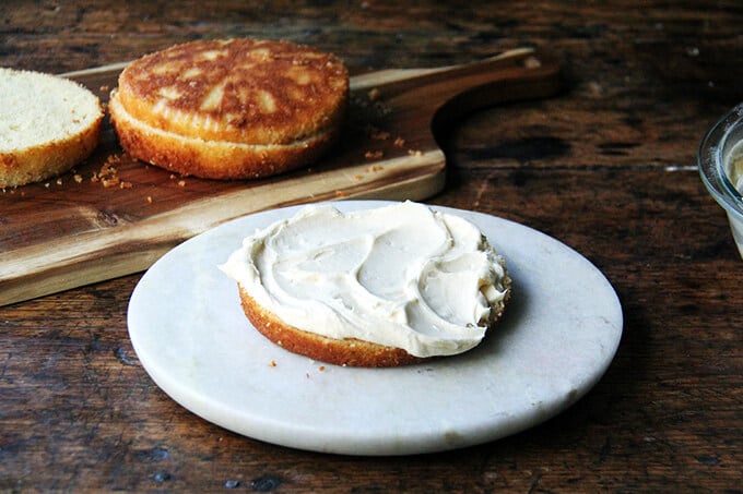 One layer of one-bowl buttermilk birthday cake layered with cream cheese frosting.