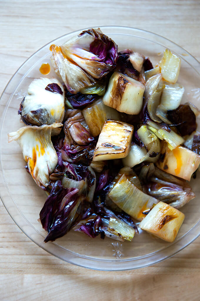 A plate of sautéed chicories with chile oil.