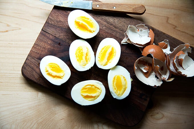 Three perfect Instant Pot hard-boiled eggs, peeled and halved.