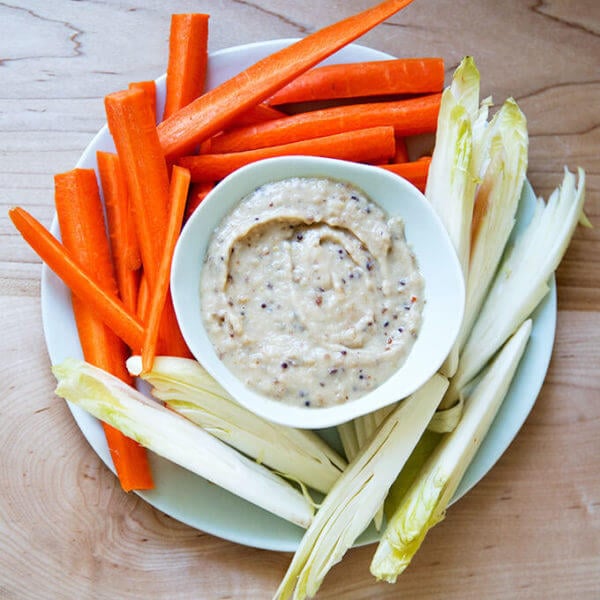 endive and carrots with white bean and chutney spread