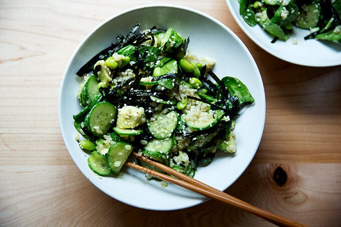 Sushi Salad with brown rice, edamame, avocado, and nori.