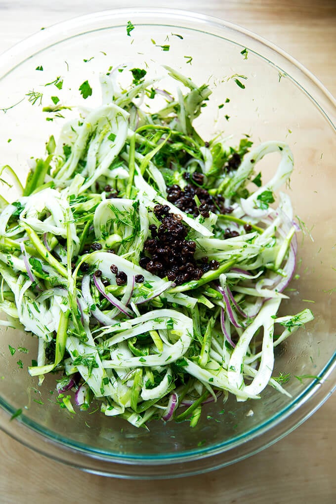 A bowl of fennel salad with the currants added