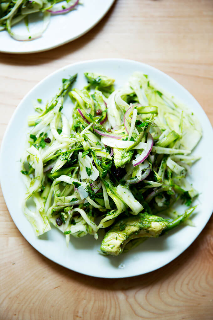 A single plate of shaved fennel salad with avocado.
