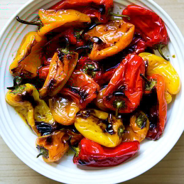 Bowl of just-roasted balsamic mini peppers.