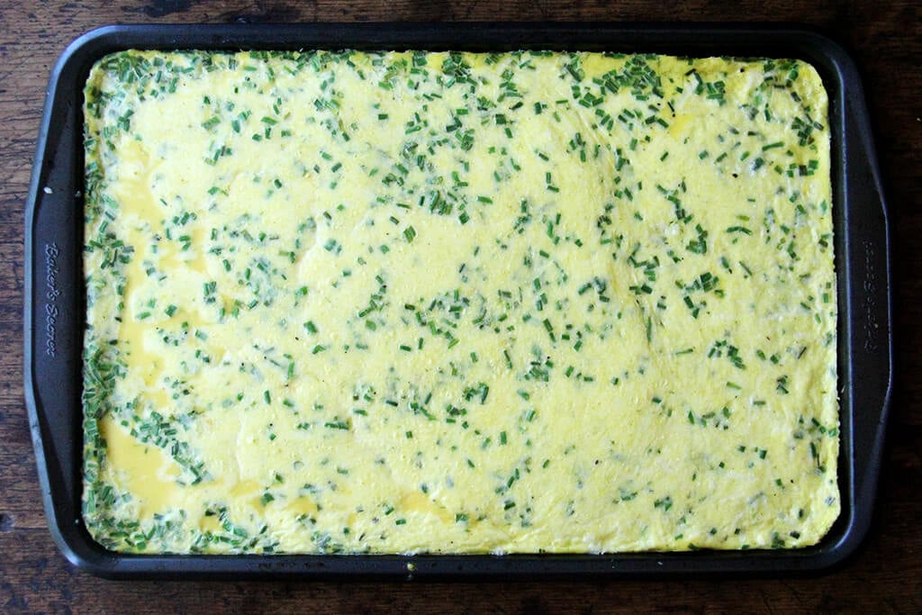 Just-baked sheet pan eggs.