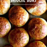 A sheetpan of just-baked brioche buns.
