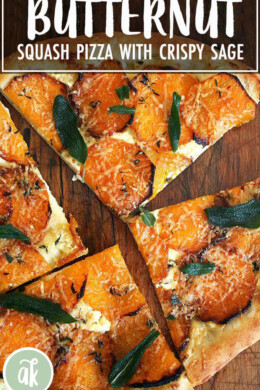A butternut squash and crispy sage pizza cut into quarters.