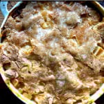 Just-baked apple cobbler with hot sugar crust.