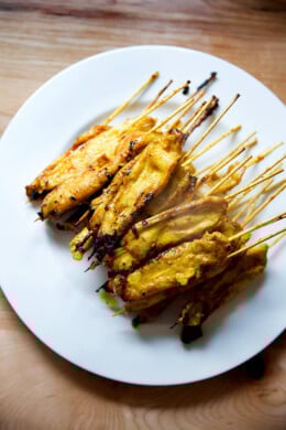 A plate of easy Thai chicken satay.