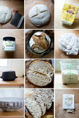 A montage of images that together amount to essential tools for sourdough bread baking.