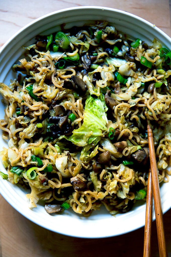 A bowl of one-pot ginger-scallion ramen noodles.