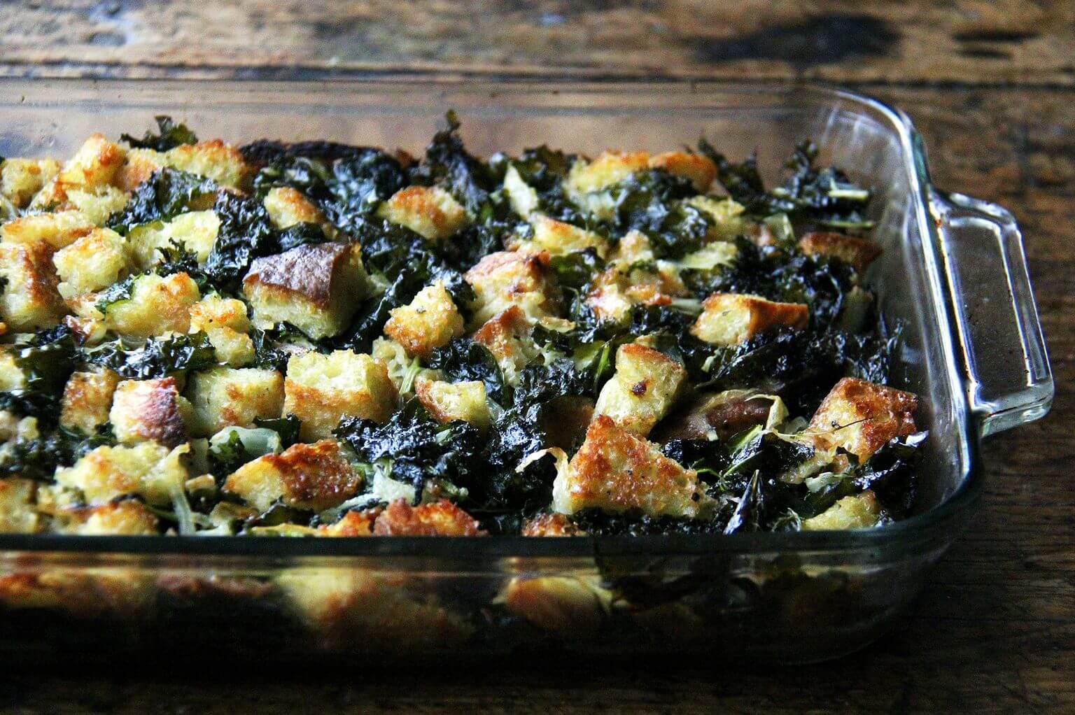 A 9x13-inch pan filled with just-baked stuffing.