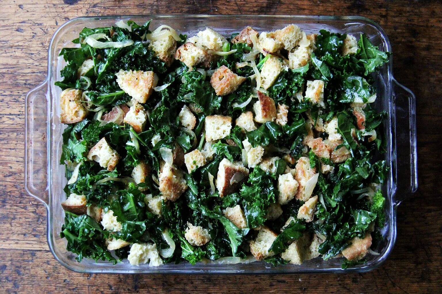 a 9x13-inch pan filled with uncooked stuffing