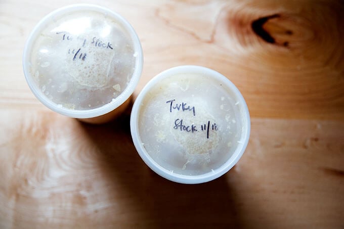 2 Quart containers of turkey stock.