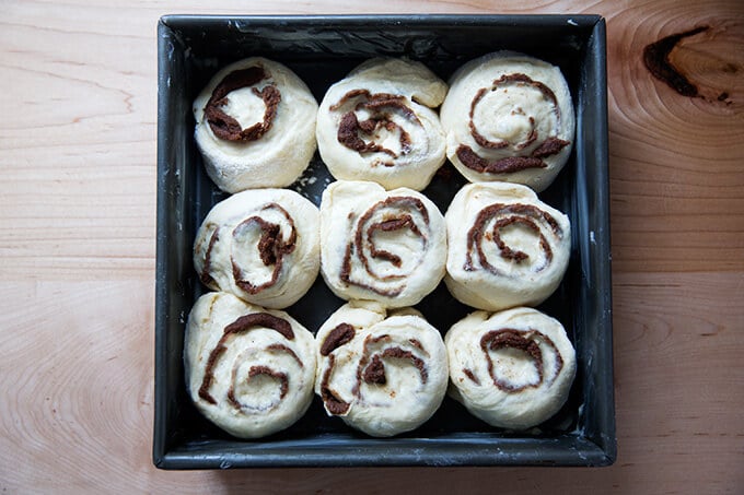 Brioche cinnamon buns in 9-inch square baking dish.