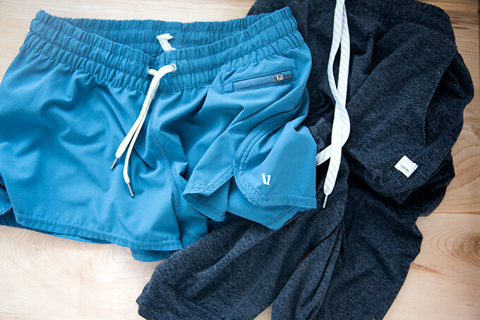 Vuori performance joggers and clementine shorts.