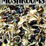 A skillet of polenta topped with roasted mushrooms.