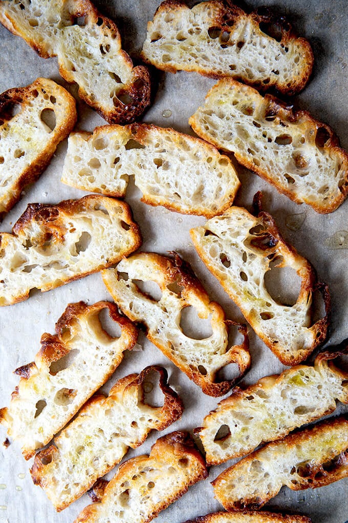 crostini just baked on a sheet pan