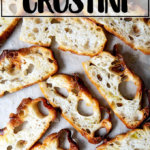 A sheet pan of focaccia crostini.