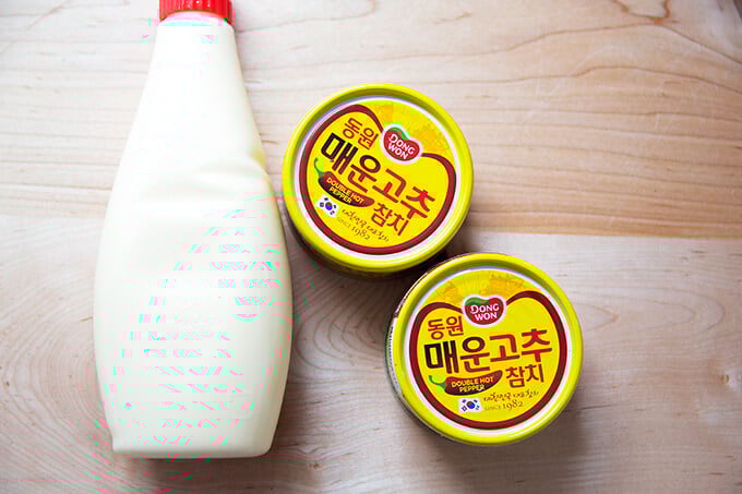 Kewpie mayonnaise and two tins of Korean double hot tuna.