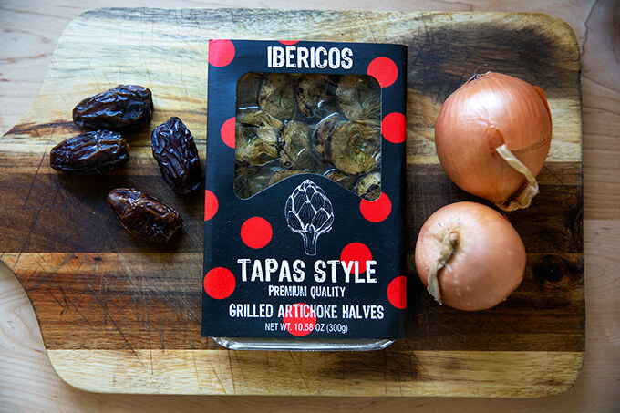 dates, artichoke hearts, and onions