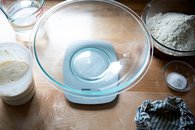Ingredients for sourdough pizza dough.