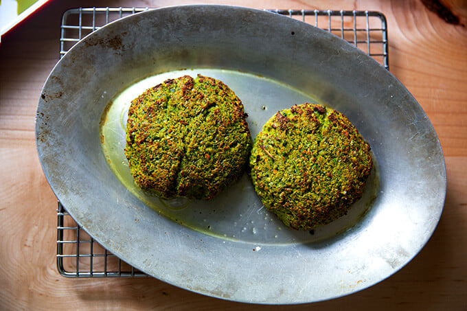 Broiled falafel burgers.