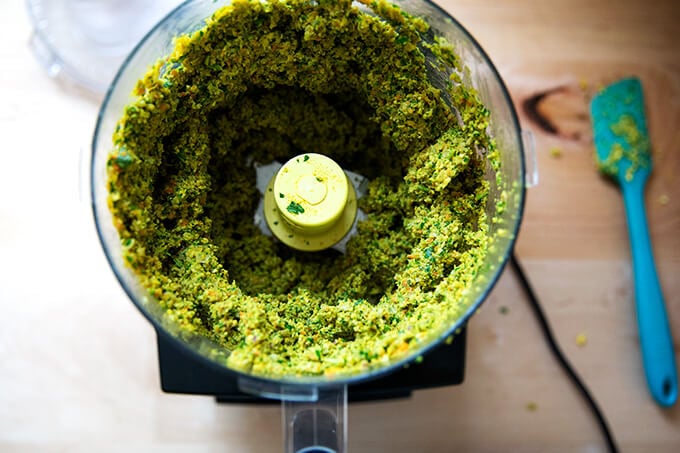 Falafel burger in a food processor.