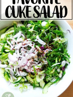 Cucumber salad in bowl.